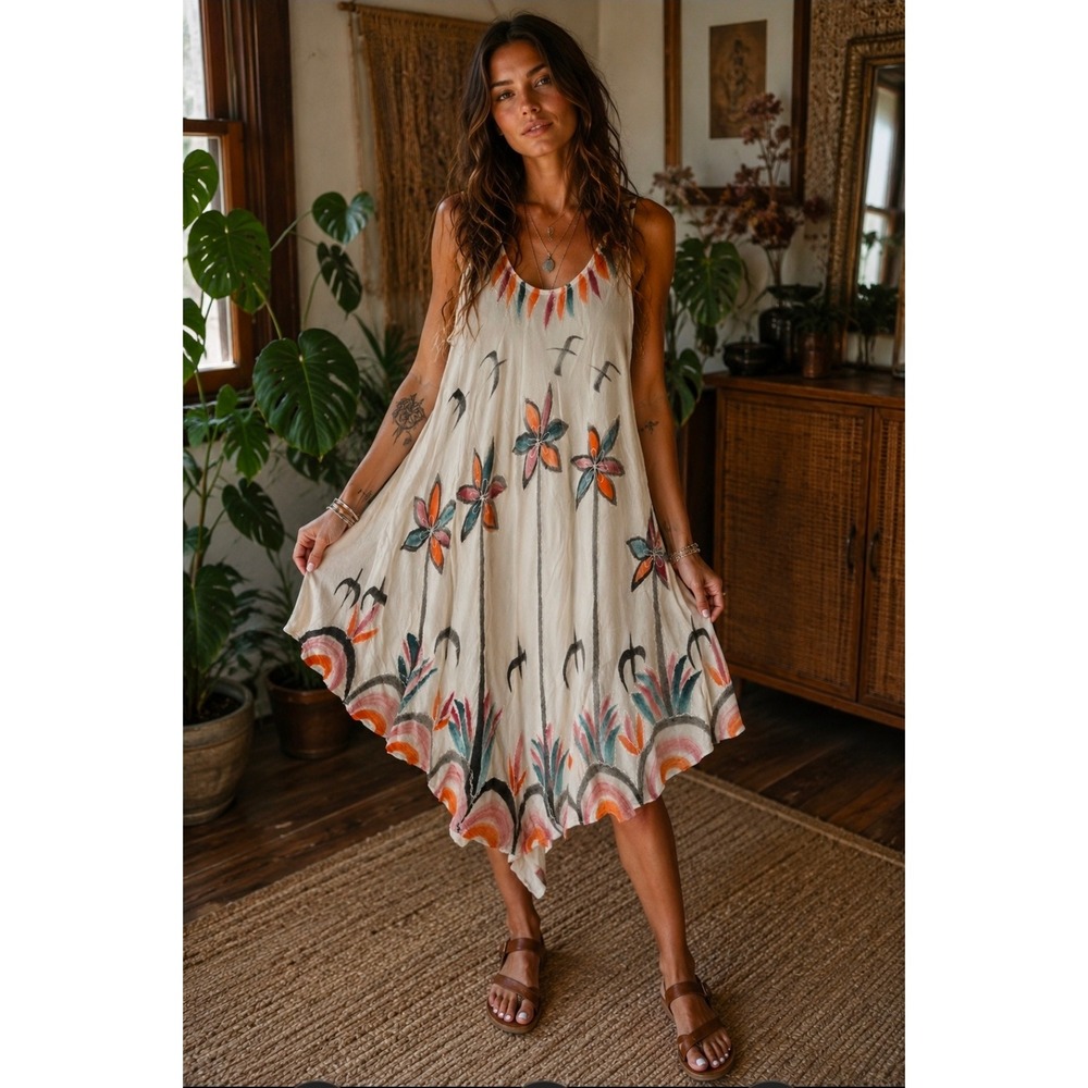 Hand Painted Floral Bird Handkerchief Hem Dress Boho Resortwear Free Size Rayon